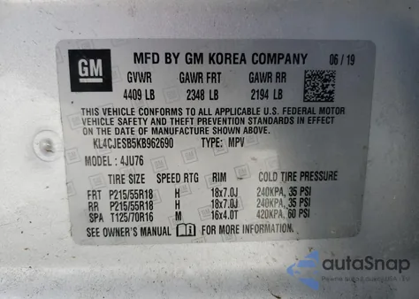 2019 Buick Encore Preferred from USA, damaged, VIN KL4CJESB5KB962690